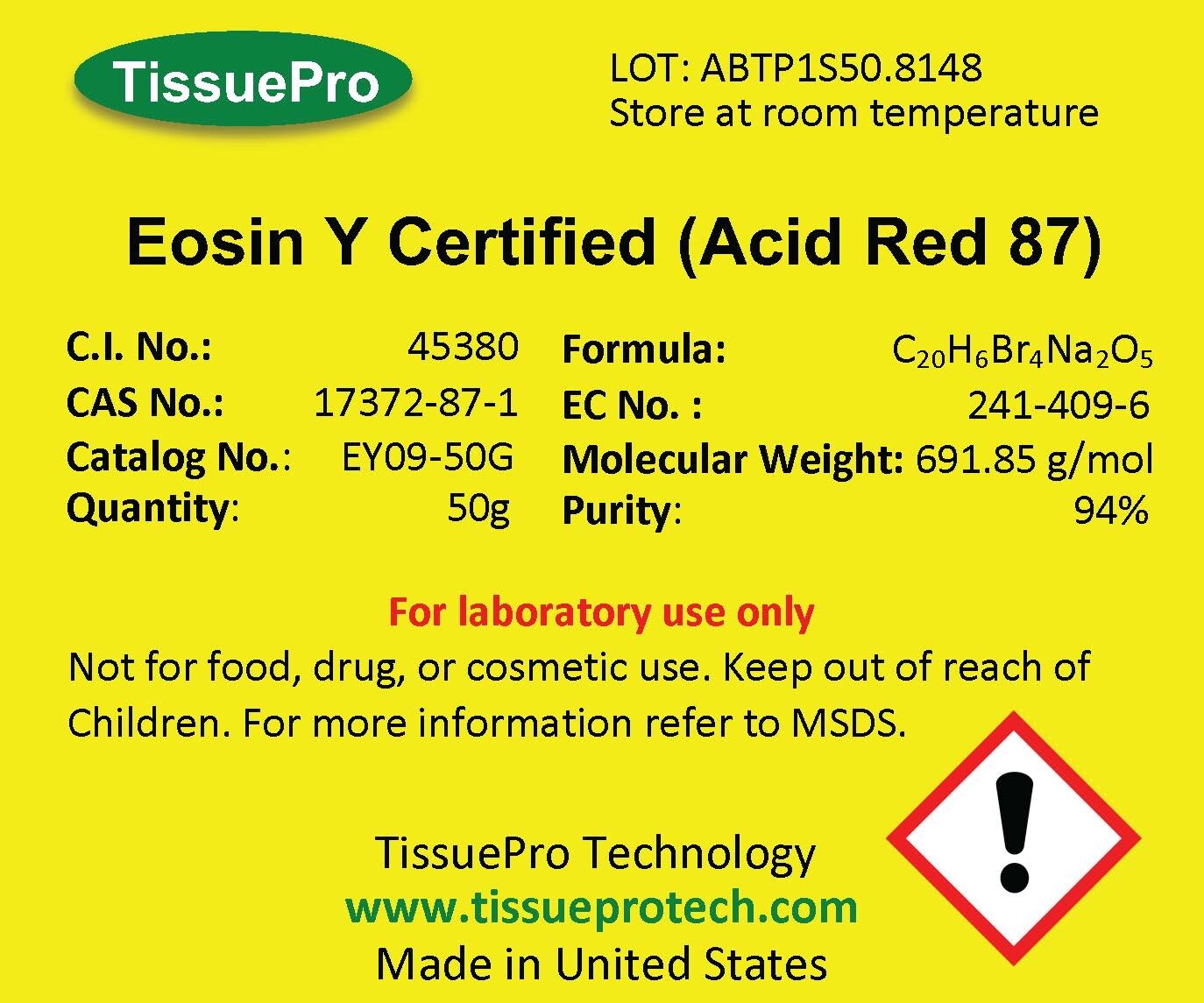 Eosin Y Certified (Acid Red 87), Purity 94% + , 50g TISSUEPRO FREE SHIPPING