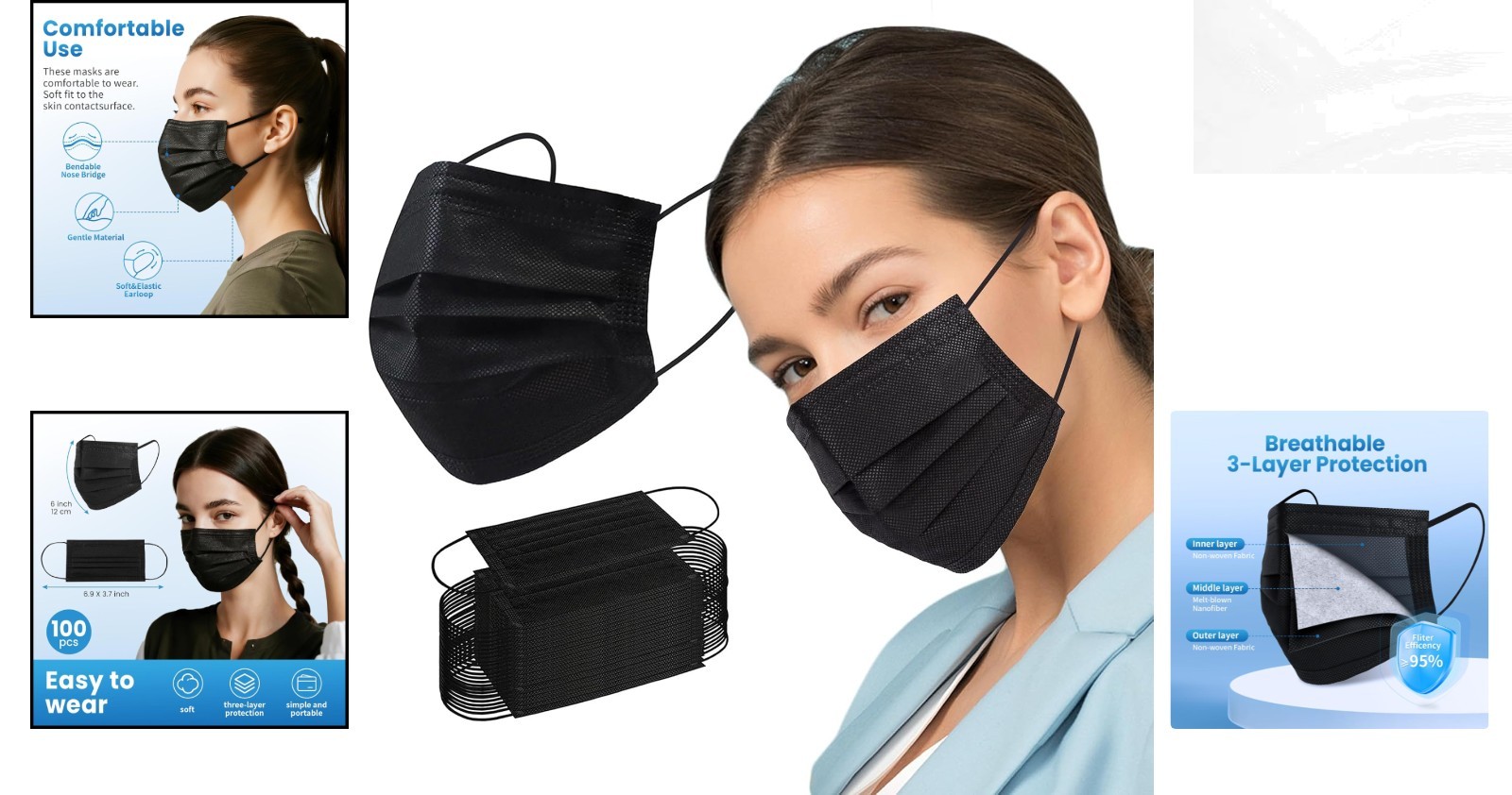 Comfortable Disposable Face Masks – 100 Pcs Black 3 Ply Protection for Everyday