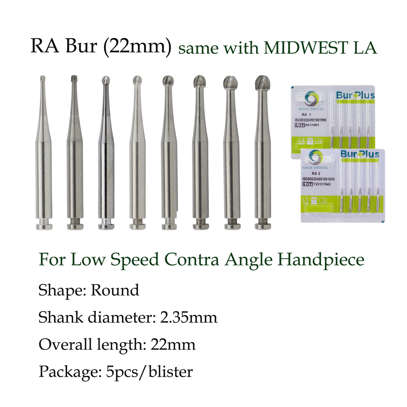Wave Dental Carbide Bur Round for Slow Speed Latch Handpiece RA 1 2 3 4 5 6 7 8