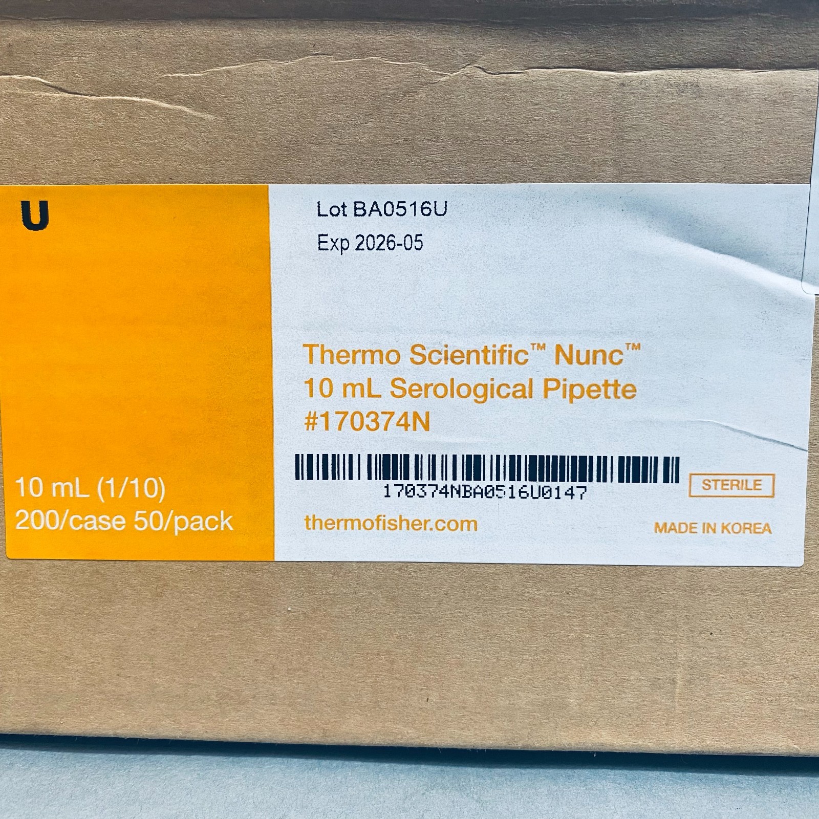 Thermo Scientific Nunc Serological Pipette 10 ml Sterile Lot of 400 Pipettes