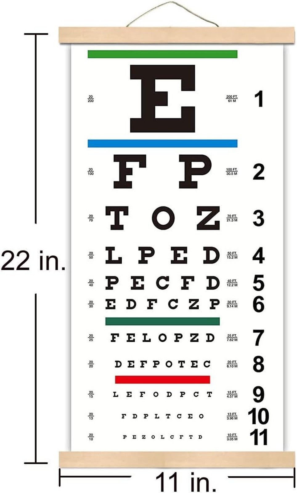 Snellen Eye Chart Canvas with Wooden Frame 11×22 Inches for Eye Exams at 20 Feet