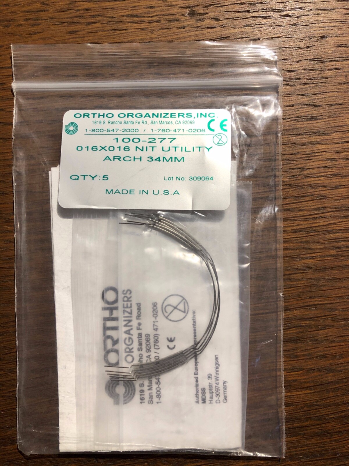 Ortho Organizers, Inc. .016 x .016 Nitanium Utility Arch 34 MM 5 pack