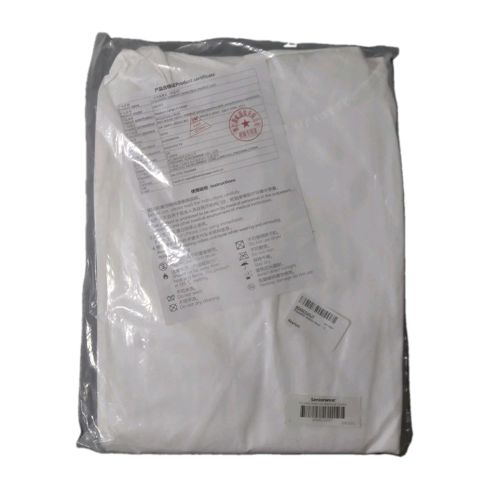 Seniorwear Unisex Large White Disposable Isolation Gowns Without Medical Claims