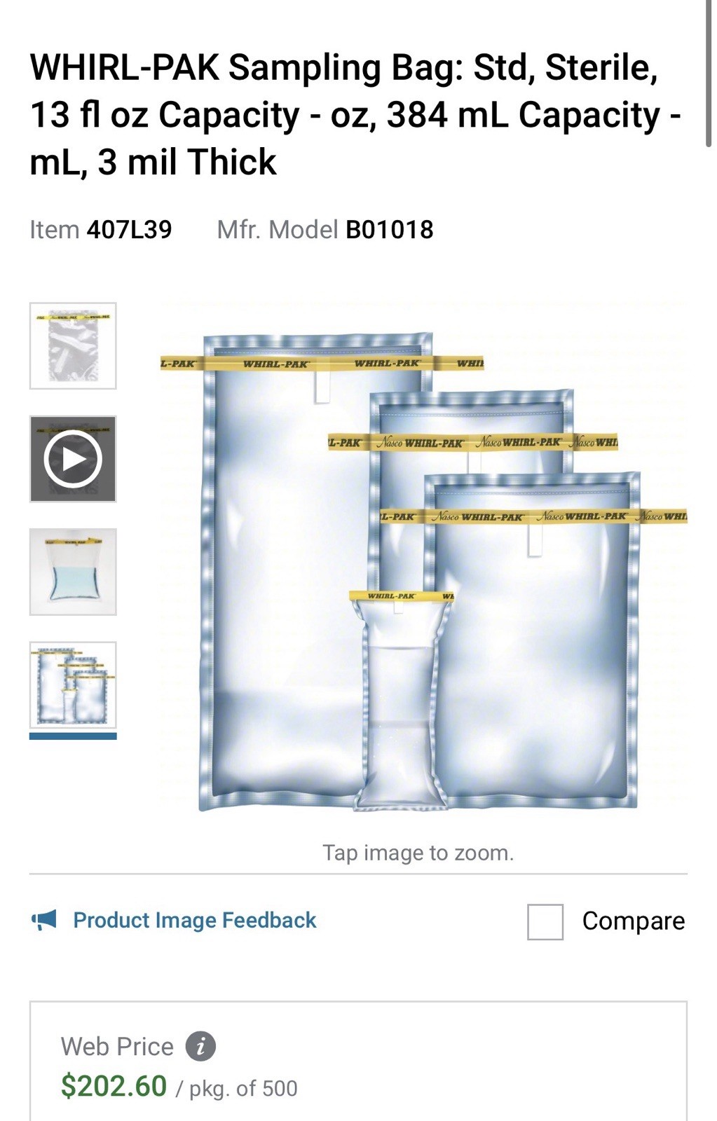 Whirl-Pak B01018 Sterile Sampling Bags, 13 fl oz / 384 mL, 3 mil Thick, 500/box