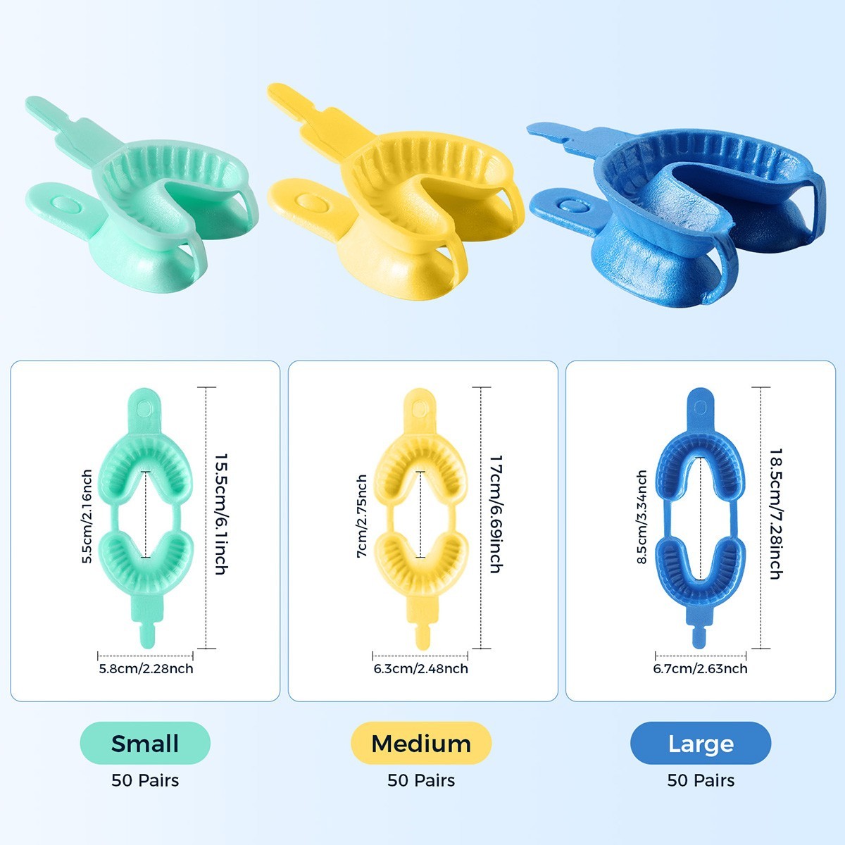 50Pcs/Pack Disposable Dental Fluoride Trays Dual Arch Tray for Gel Foam S/M/L