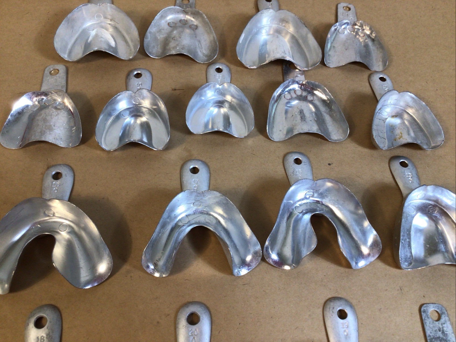 Vintage Metal Dental Impression Trays Molds Lot of 17 W/ TRUBYTE Occlusal Plate