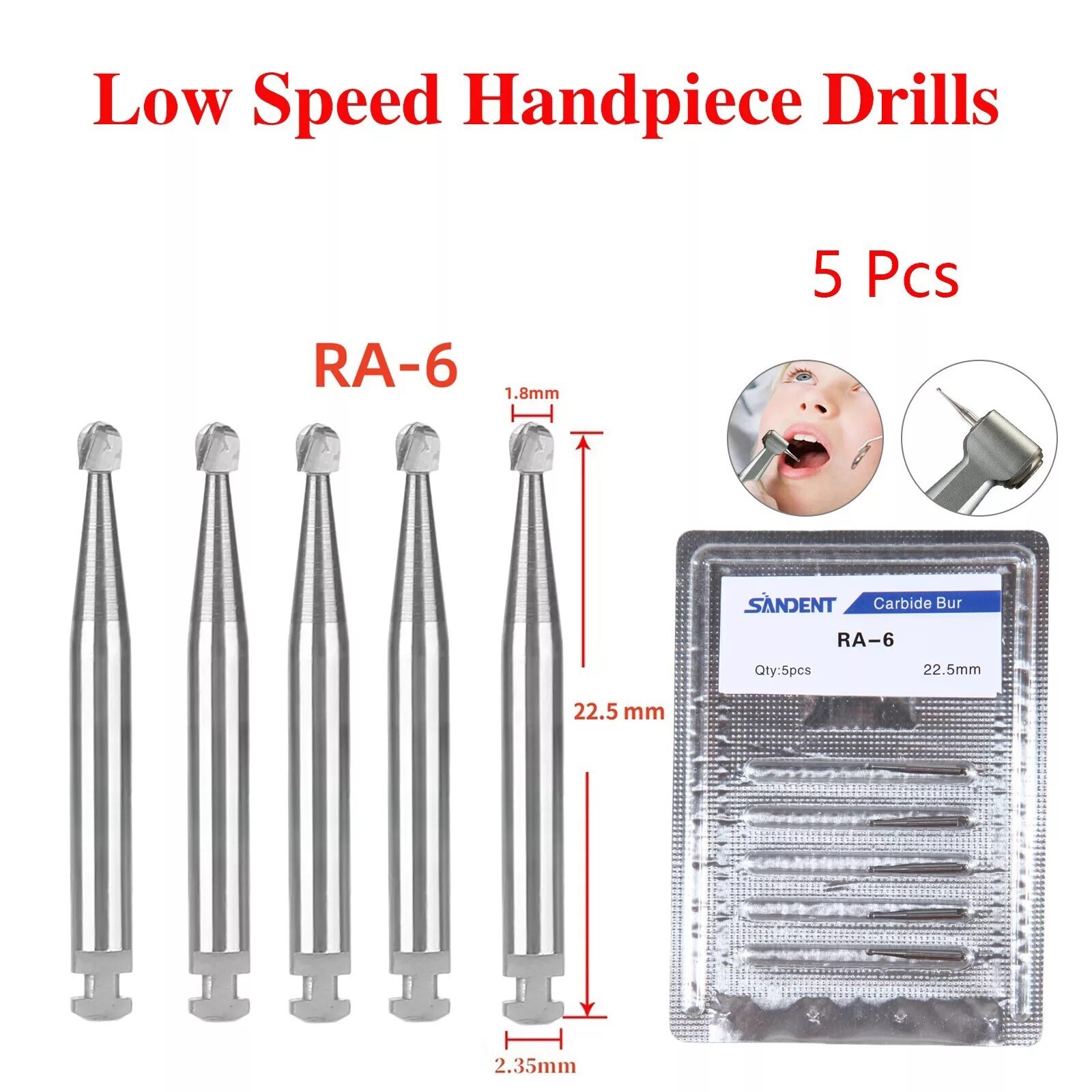 5 Pcs/Pack Dental 22.5mm Round Carbide Bur Slow Speed Latch Type RA6 Burs USA