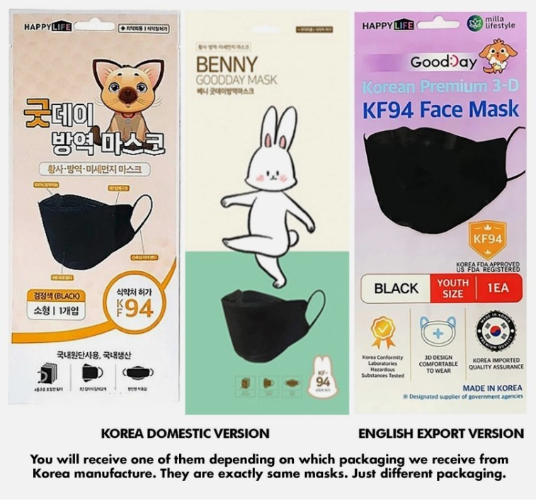 Happy Life Adults & Kids KF94 BLACK Face Mask [ Made in Korea ] Medical Good Day