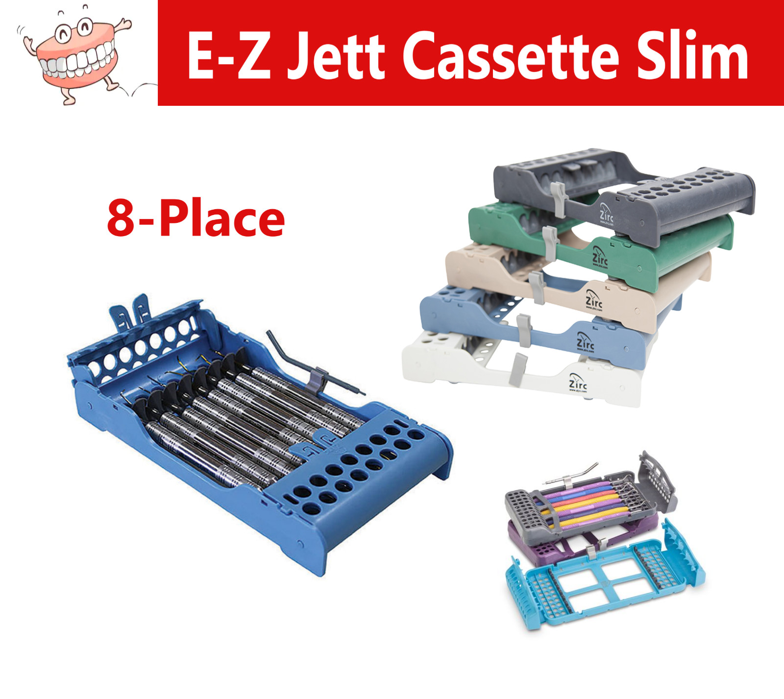Dental E-Z Jett Cassette Slim 8-Place, Autoclave to 250F, 8″L x 7″W x 1-1/8″H