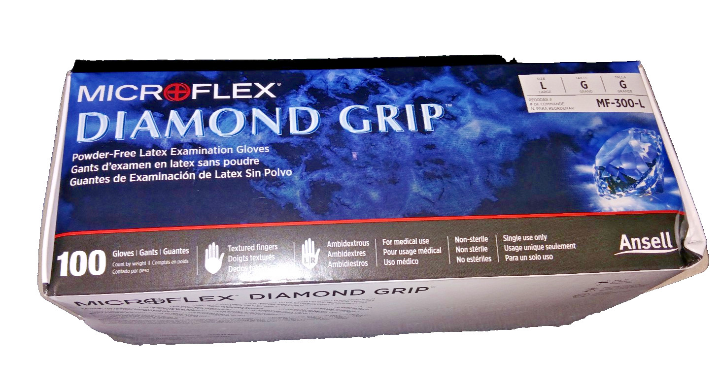 Microflex MF-300-L Ansell Diamond Grip Latex Gloves Large Textured 100 Count
