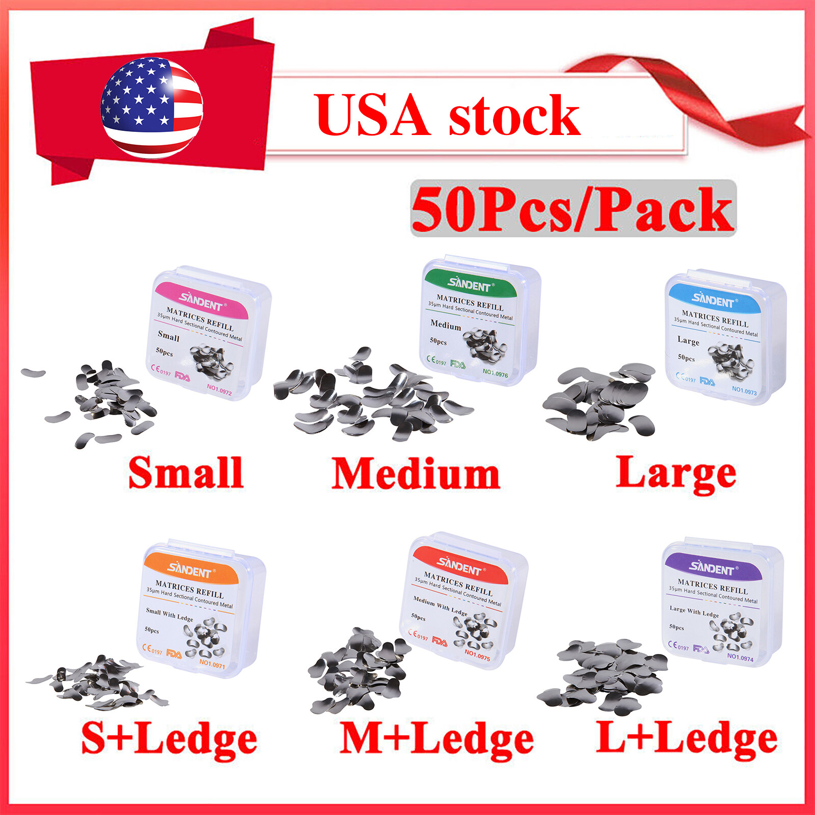 50 Pcs Dental Matrix Sectional Contoured Metal Matrices Bands S/M/L Sizes 35μm
