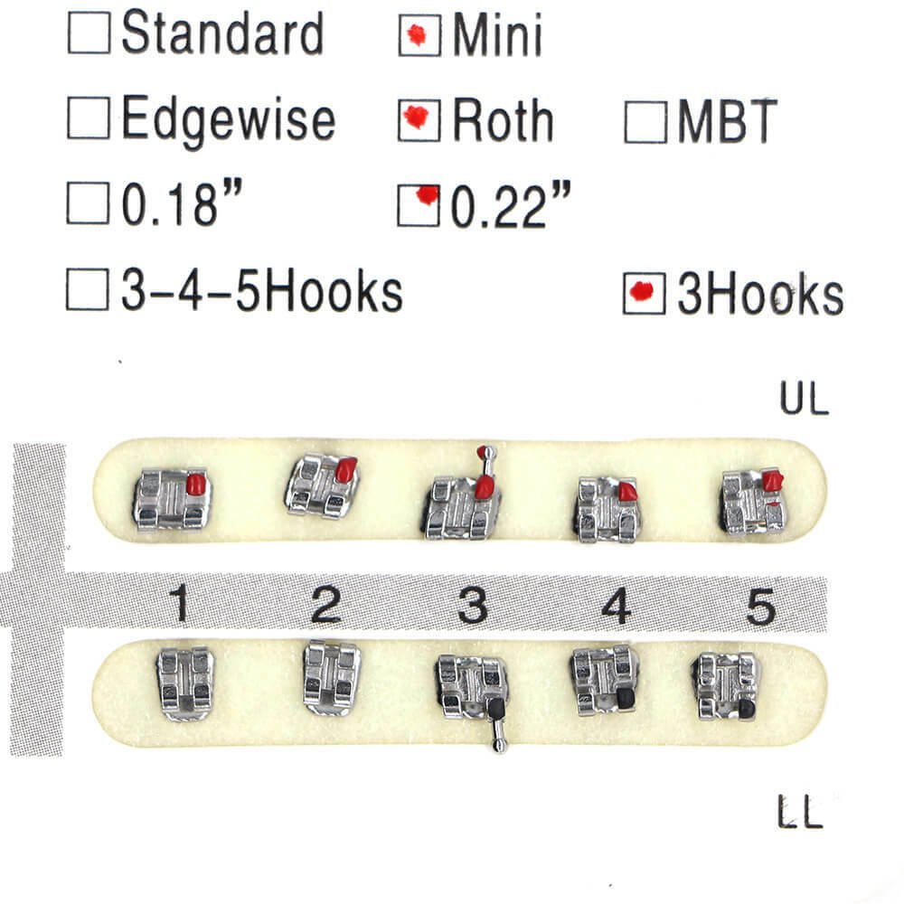 10x Dental Orthodontic Metal Brackets, Roth .022 Slot w/ 3 Hooks, 20pcs per Kit
