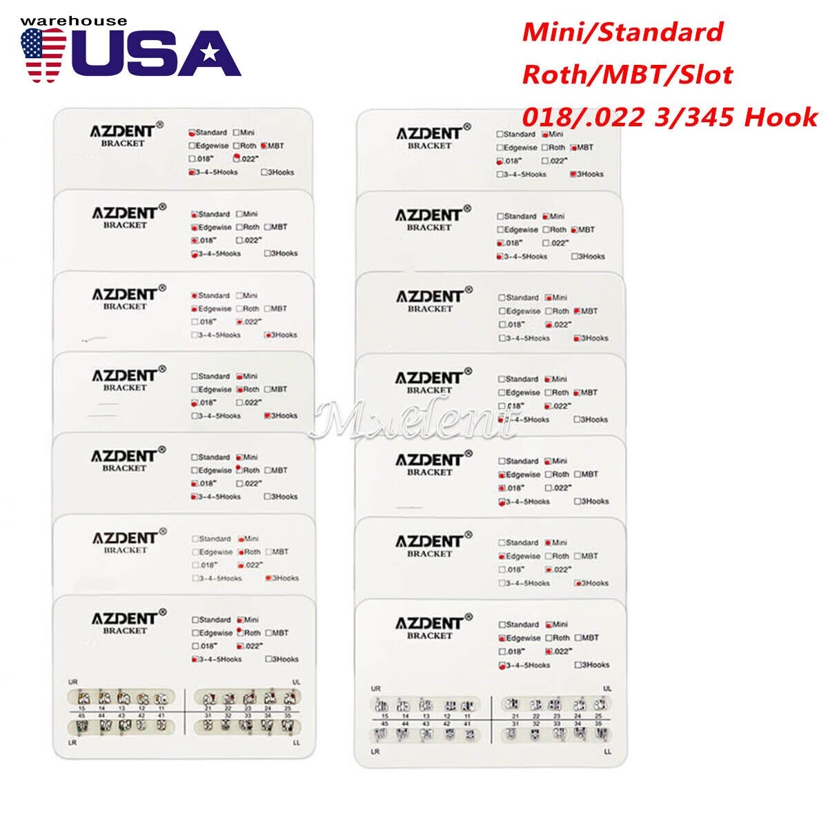 Dental Orthodontic Bracket Brace Mini/Standard Roth/MBT 018/.022 3/3-4-5 Hooks