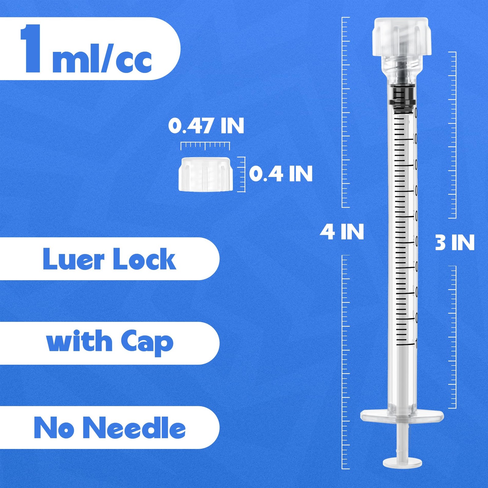 1mL Luer Lock Syringes without Needle – Syringe with Cap, Sterile Individually