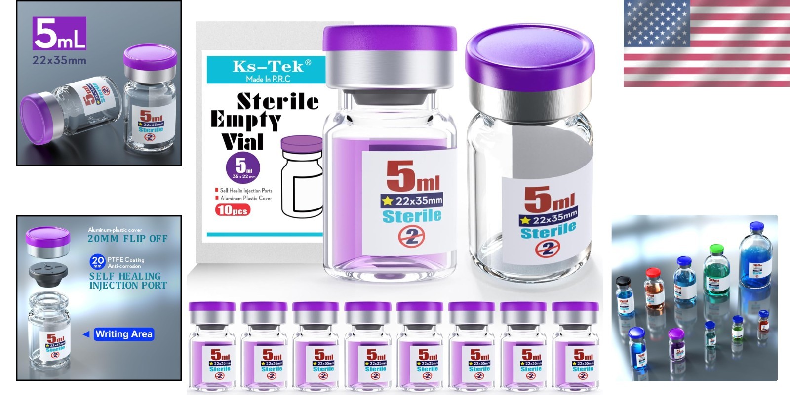 Glass Vials Package – 10 Sterile 5ml Vials with Aluminum Caps & Injection Ports