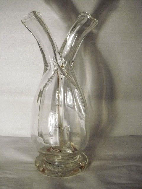 EXTREMELY ODD CONJOINED RIBBED & HORNED BOTTLE MADE IN FRANCE EACH W GLASS STRAW