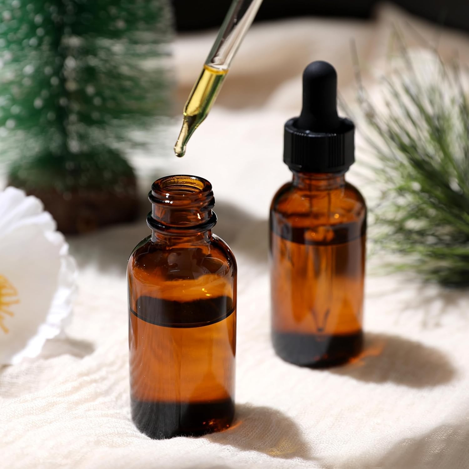 2-Pack Round Glass Bottles (Amber/ 1 Fl oz. with Droppers/ 2 Pcs)