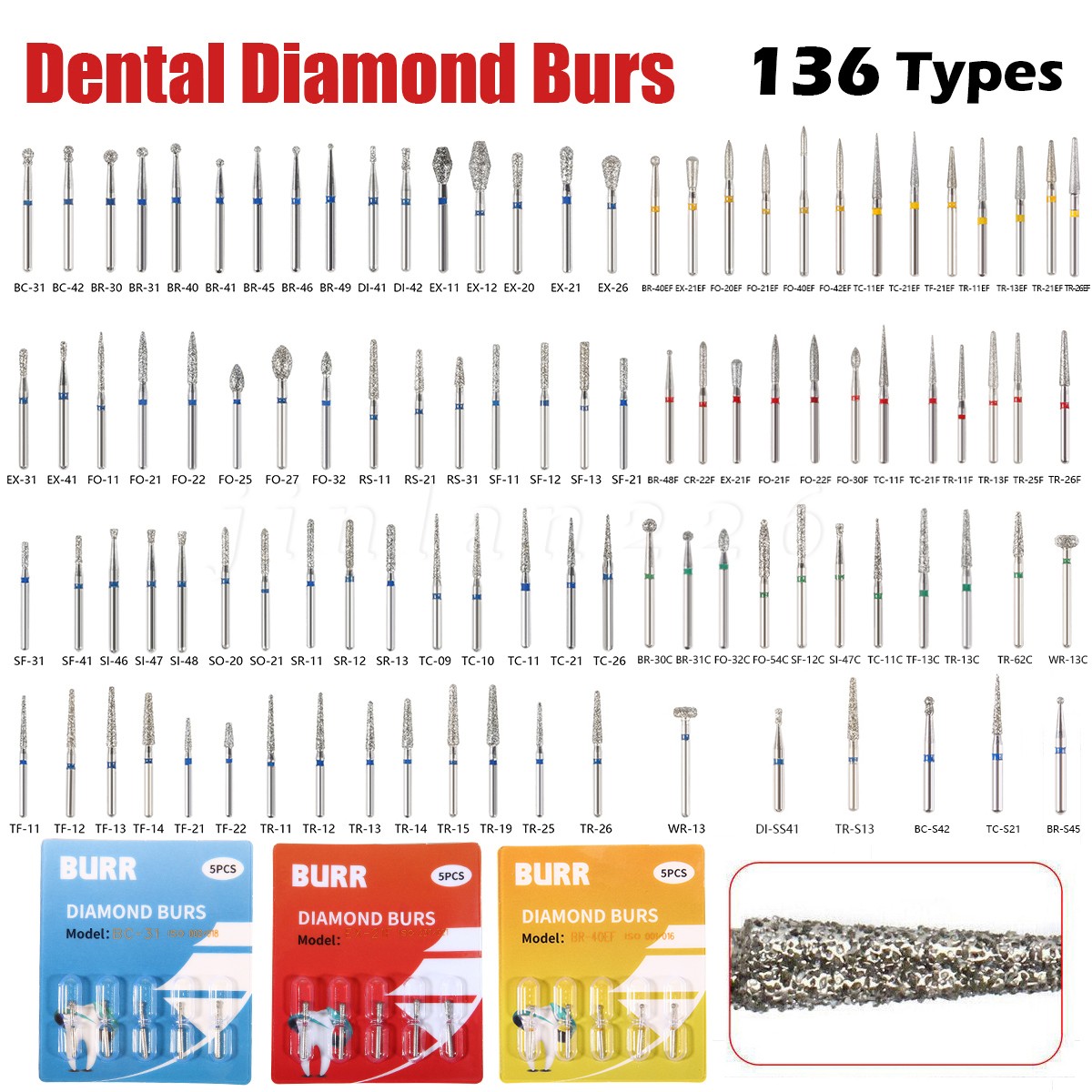 100* Dentist Diamond Burs Bur Bits Drill FG 1.6mm 102 Types High Speed