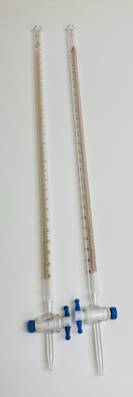2Pcs Pyrex 2122 Borosilicate Burette, Straight Bore, PTFE Stopcock ,25mL,Class A