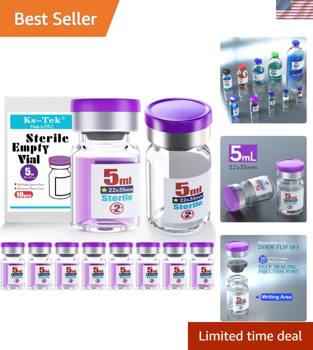 Glass Vials Package – 10 Sterile 5ml Vials with Aluminum Caps & Injection Ports