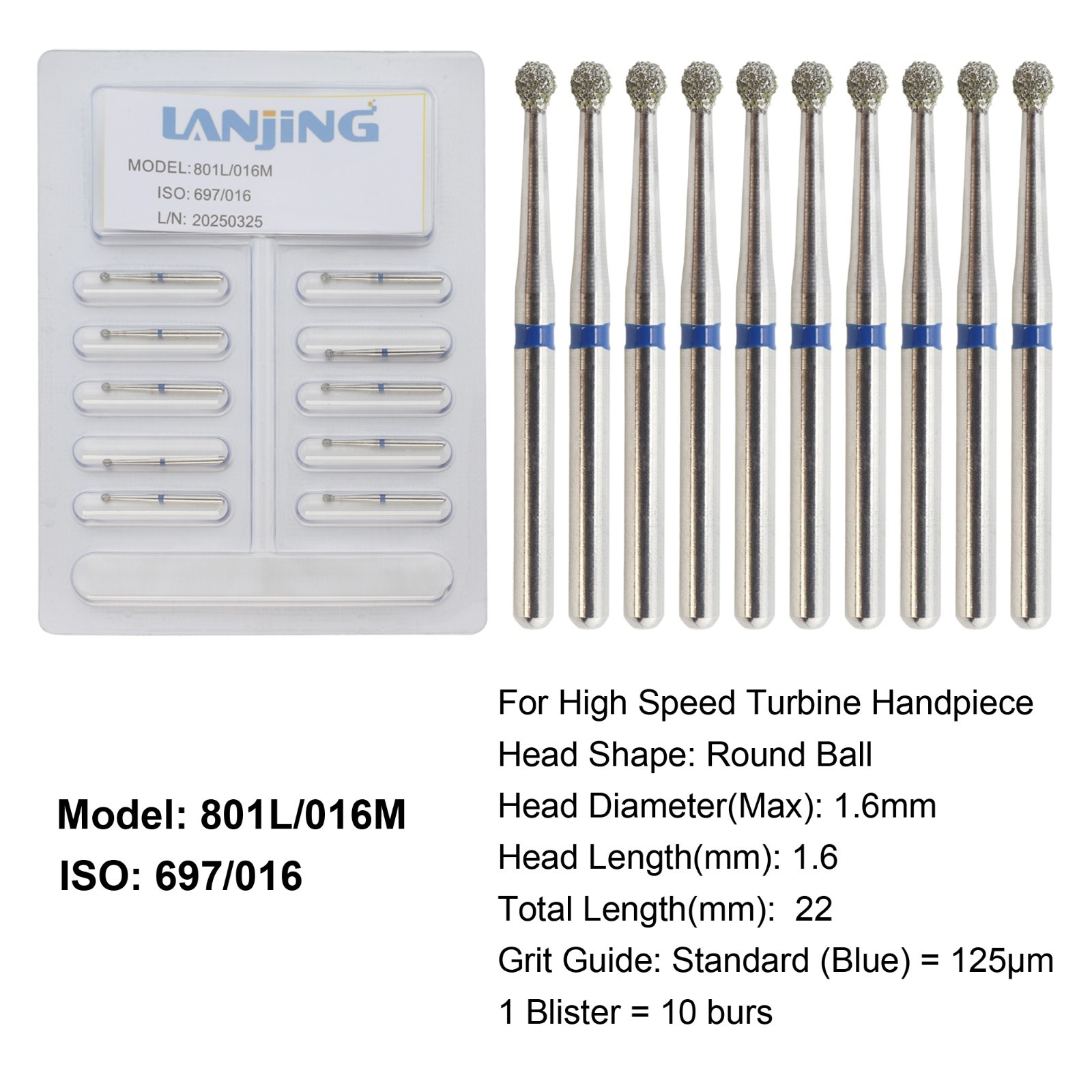 Dental Round Diamond Bur Long Surgical Diamond Bur FG High Speed Coarse Fine 801