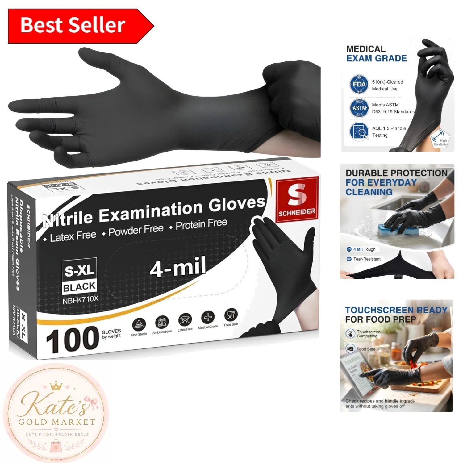 Durable 4 Mil Black Nitrile Exam Gloves – Elastic Fit & Textured Grip, 100 Count