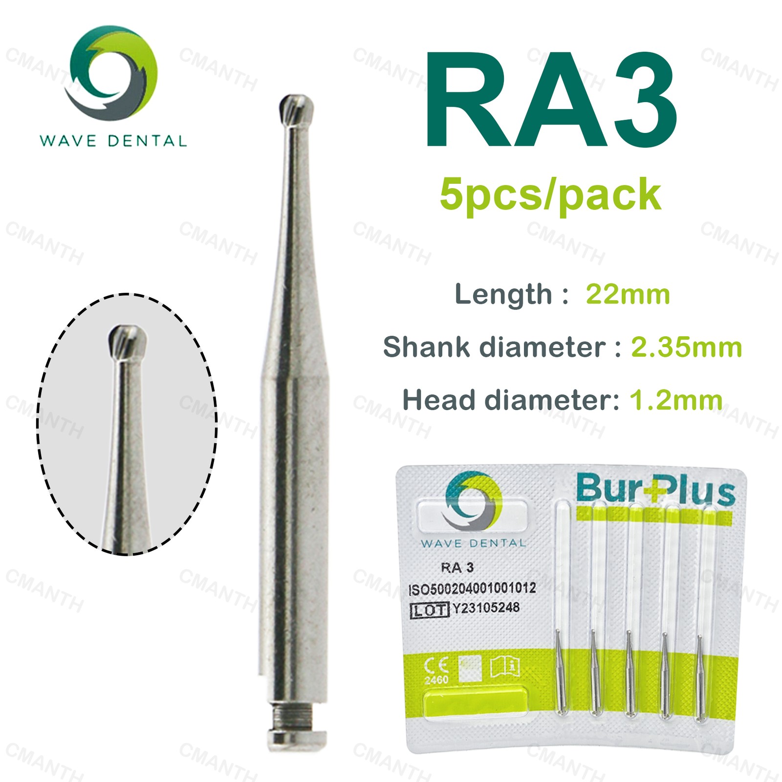 WAVE Dental Tungsten Carbide Burs Round Head RA Low Speed Burs Dia 2.35mm 5Pcs