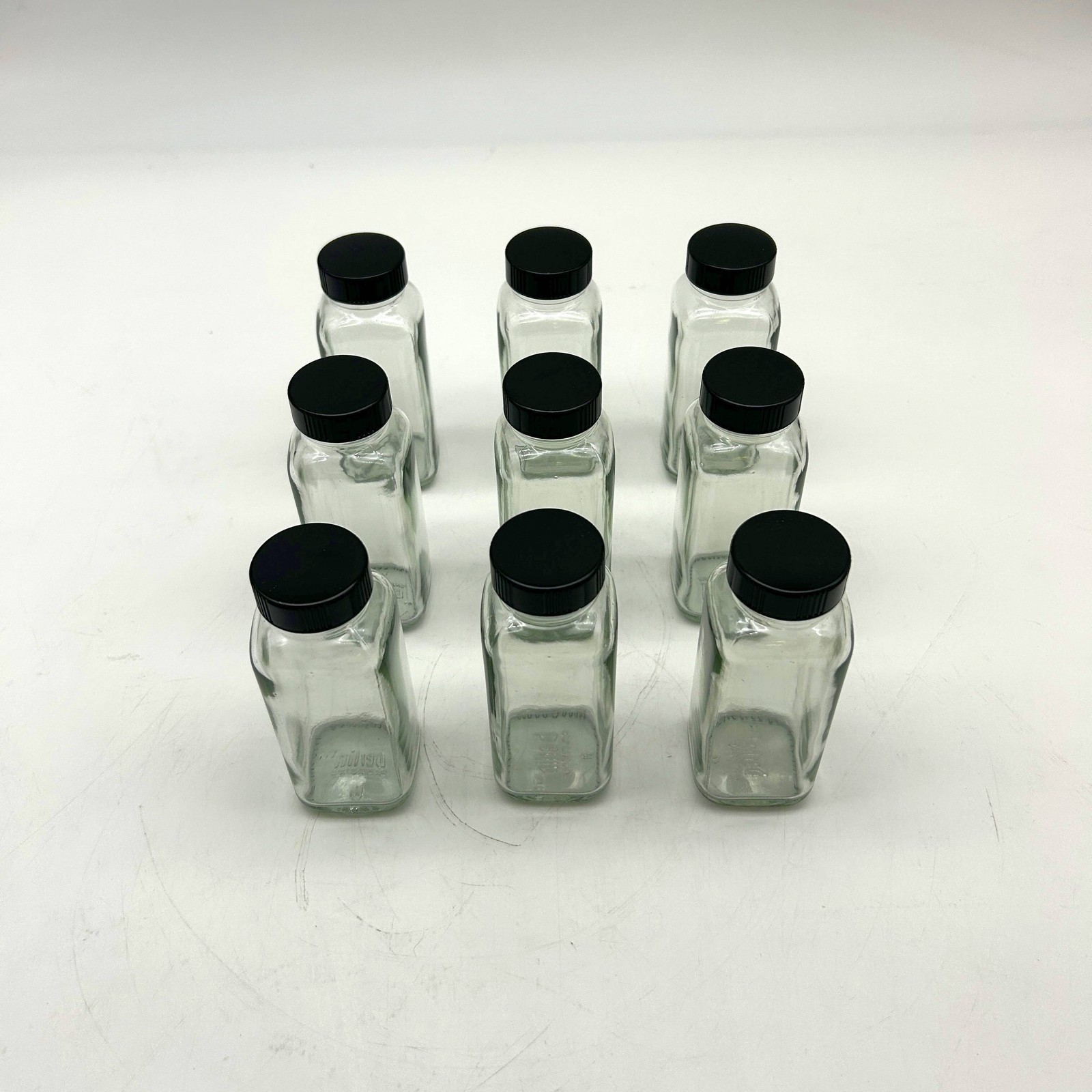 4 oz Clear Glass French Square Bottles w/ Black Caps Berlin Packaging 117191 9pk