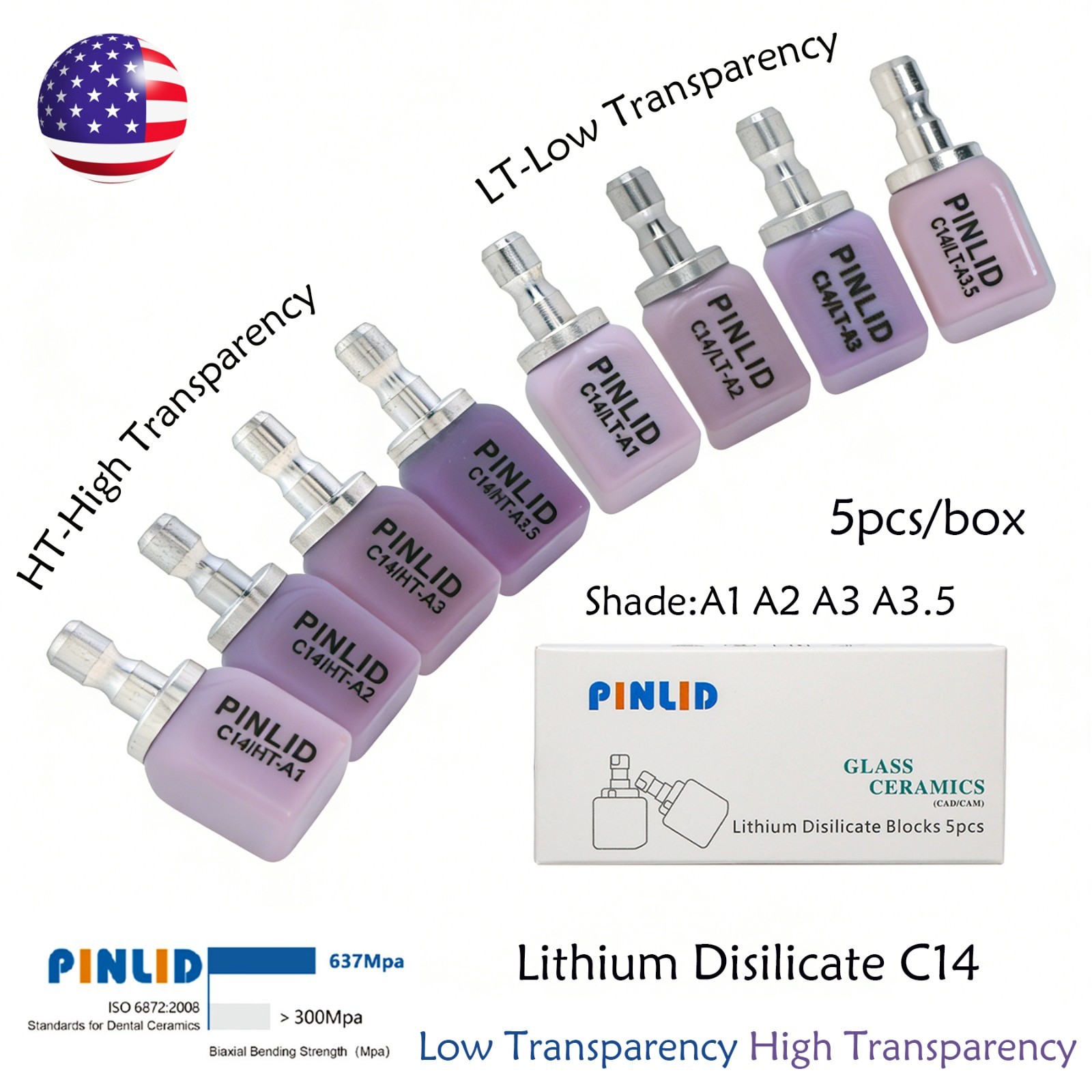 5Pcs C14 Dental Lithium Disilicate Block CAD/CAM A1-A3.5 Glass Ceramic for Cerec