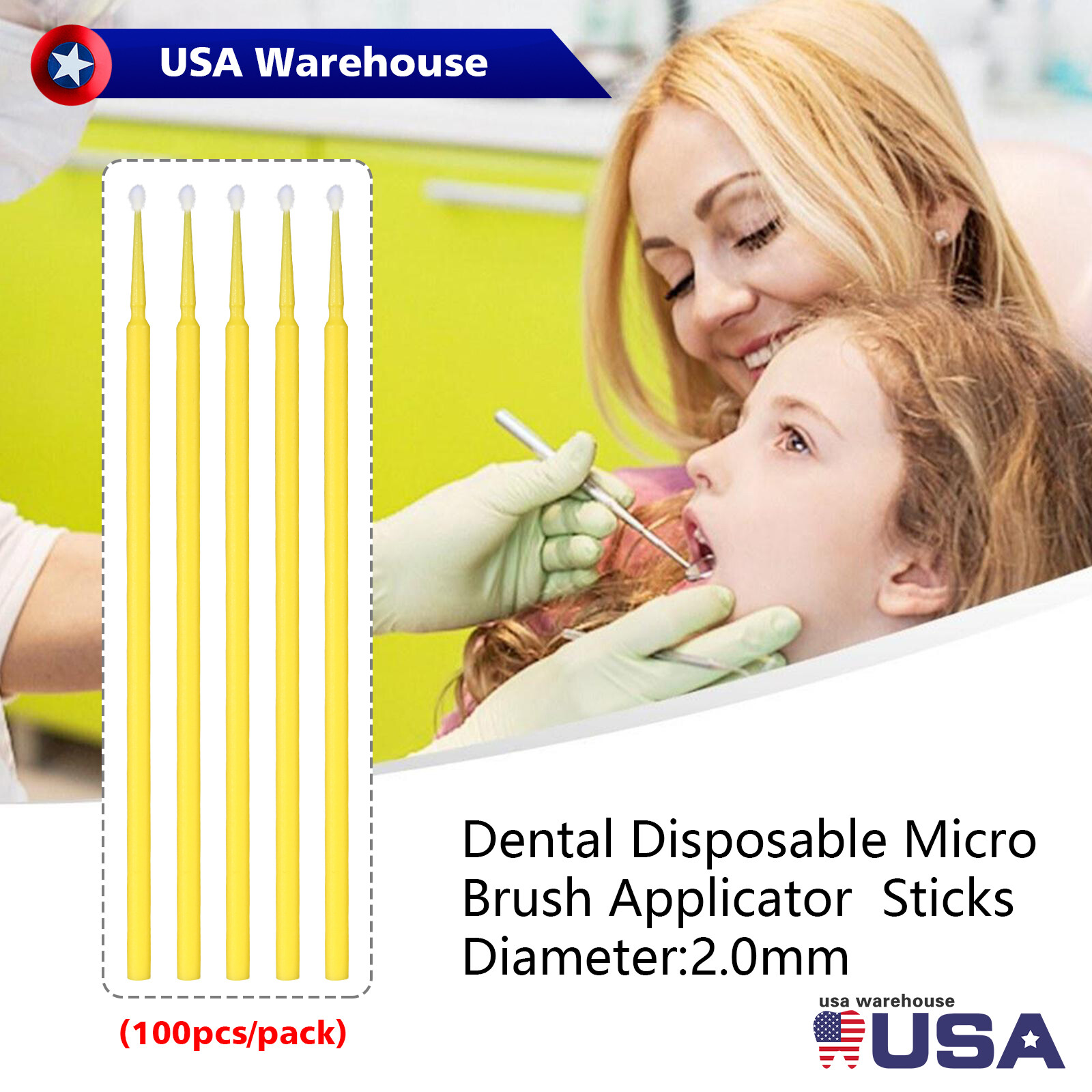 Yellow Microbrush Micro Brush Applicator Tips 2.0mm Dental