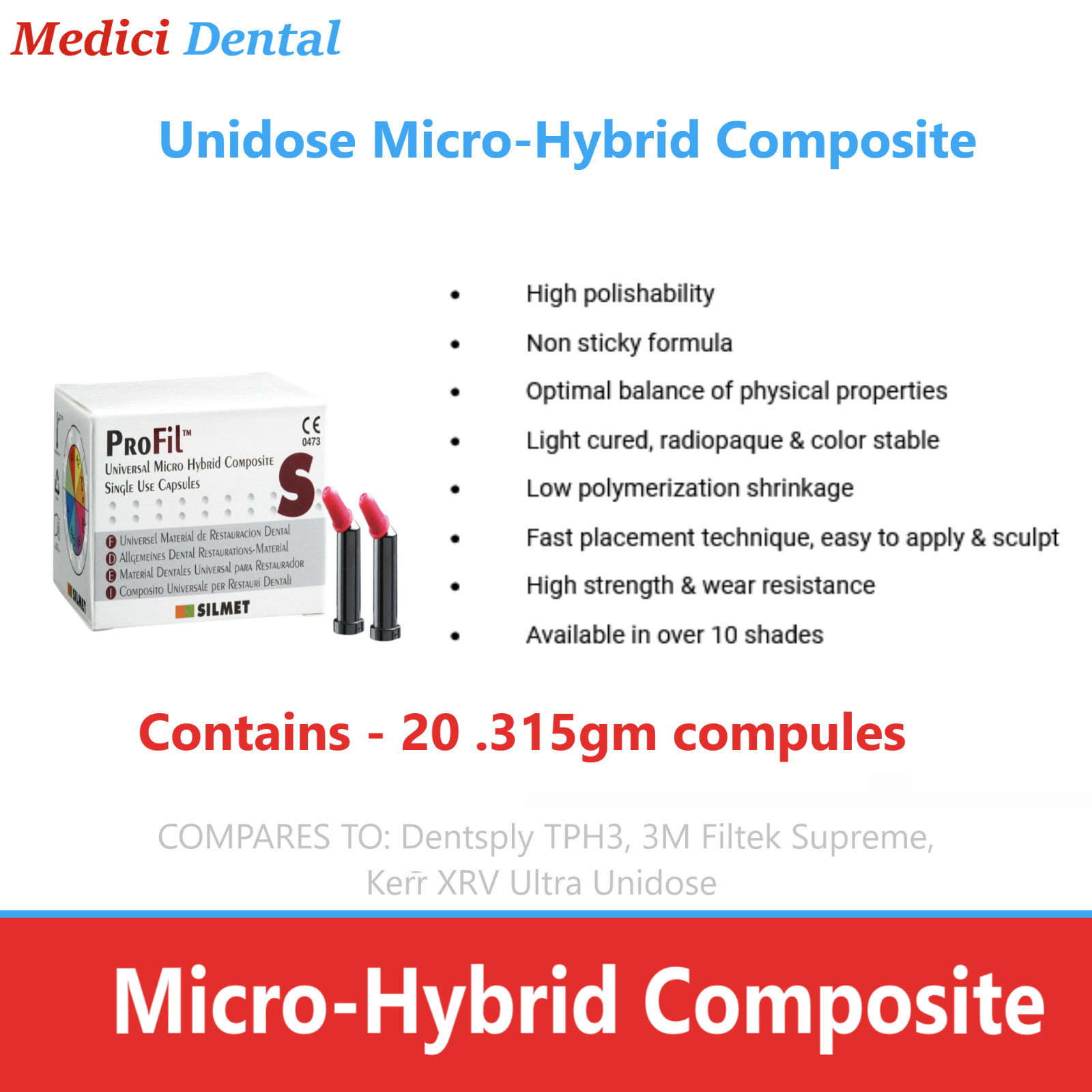 Silmet ProFil Dental Micro Hybrid Composite Compules Unidose All Shades Box/20
