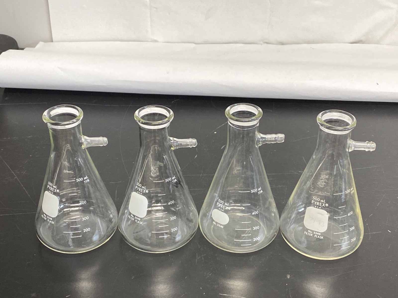 (4) PYREX Glass 500mL Graduated Heavy Wall Filtering Flask 11mm Sidearm 5340-500