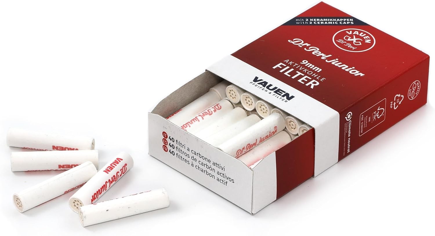 Vauen Dr. Perl Junior 9mm Pipe Filters – 40 Count – Activated Charcoal & Ceramic