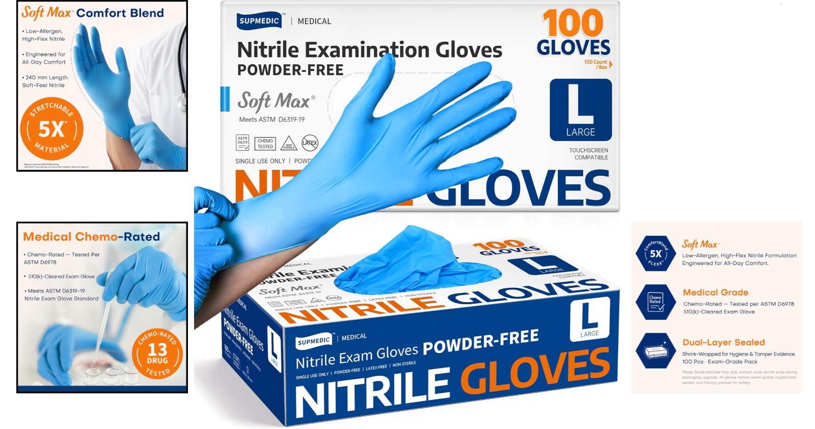 Kingfa Blue Nitrile Medical Gloves Powder & Latex Free Disposable 3 mil