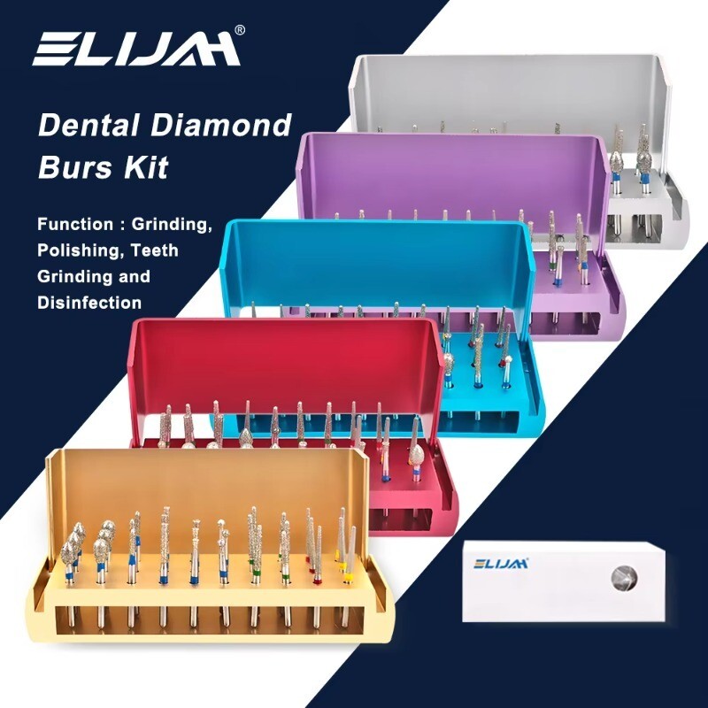 Dental Diamond Burs Drill+Disinfection Bur Block High Speed Handpiece–30Pcs/Set