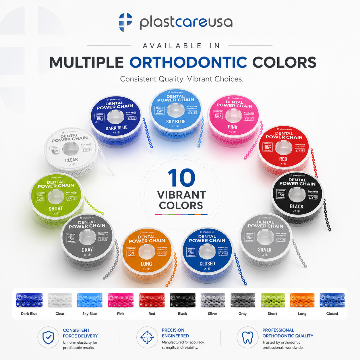 Dental Orthodontic Power Chains Braces – 15 ft Long Short Closed Multiple Colors