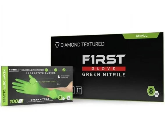 First Glove Grip Green Nitrile Disposable Gloves 8 Mil XLARGE Diamond Texture