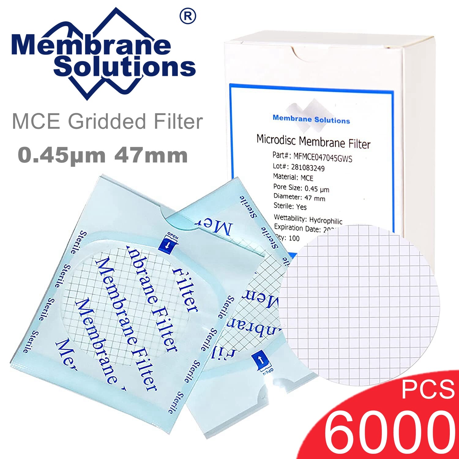 Mixed Cellulose Ester MCE Membrane Filter Grid,Hydrophobic 0.45µm 47mm,6000pcs
