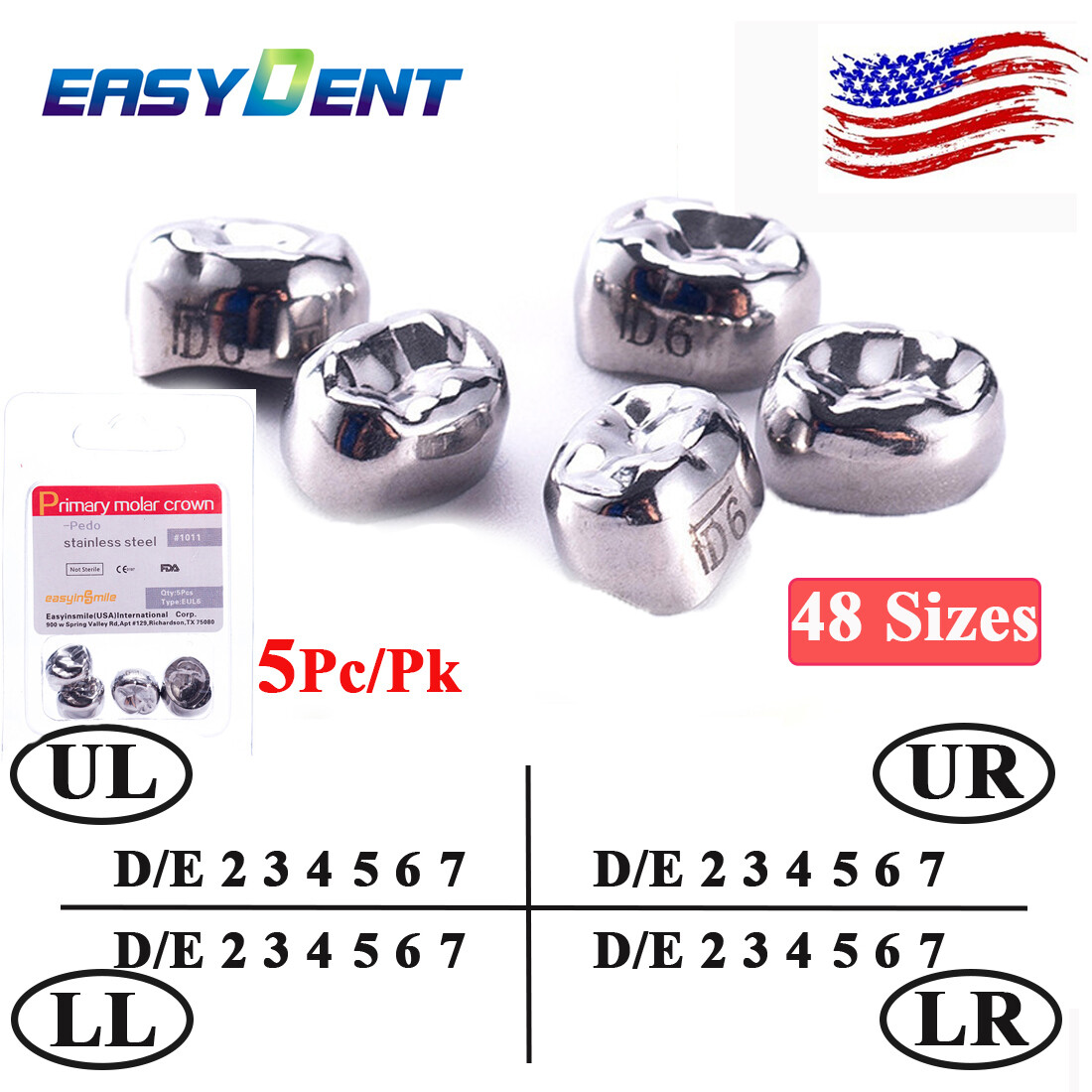 5Pc Dental kid crown temporary stainless primary molar crown 48 Size EASYINSMILE