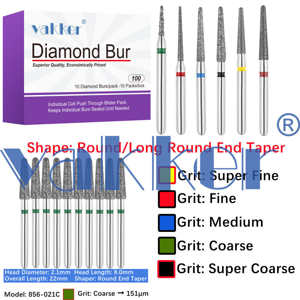 10pc/pk Diamond Burs Round Long Round End Taper Diamond Bur Fine Medium Coarse
