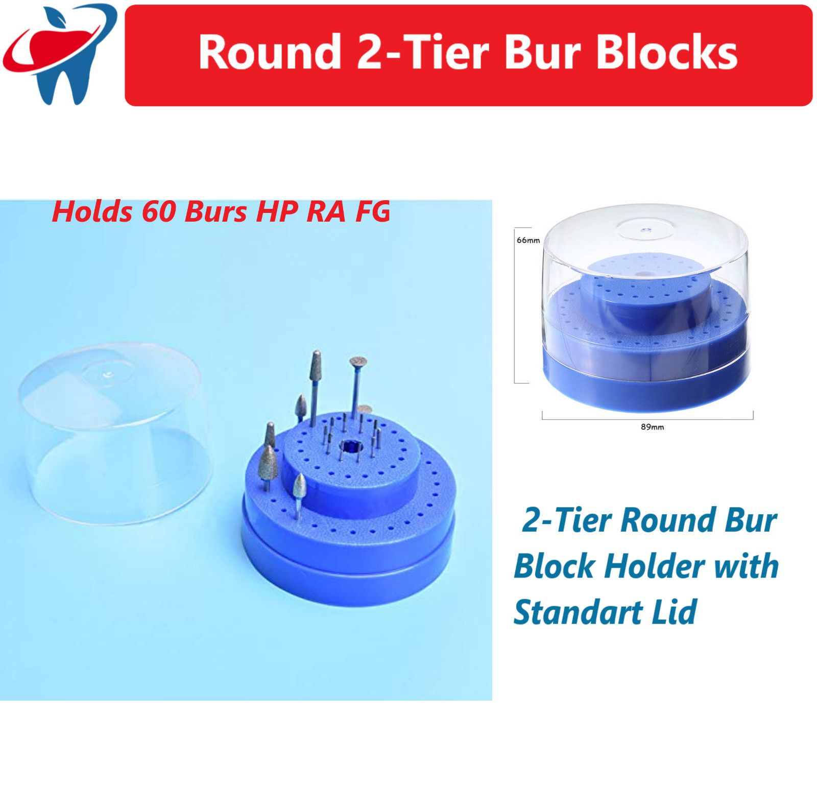 Dental 2 Tier Round Bur Block Holder with Lid – Plastic Fits 60 Burs HP RA FG