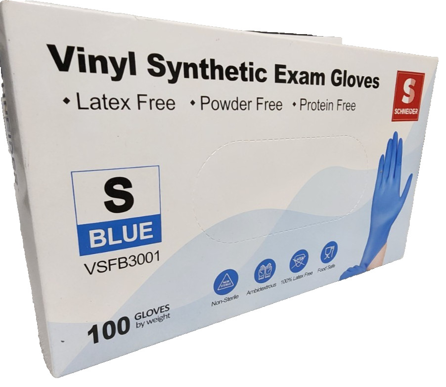 (700) Schneider Blue Vinyl Synthetic Exam Gloves 4 Mil Medical Grade Disposable
