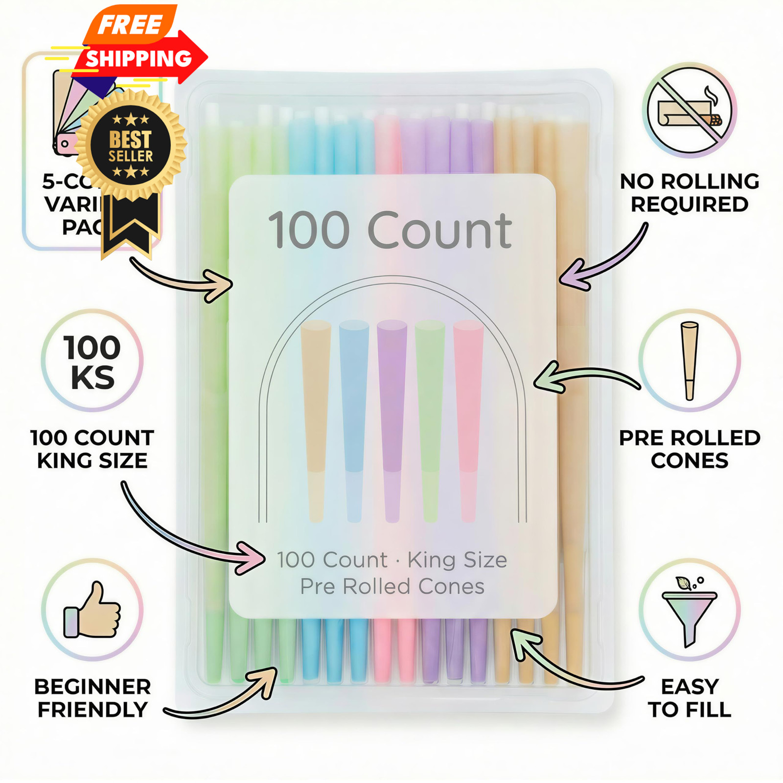 100 Colorful | Cone Rolling Paper with Filling funnels/Mini colorful