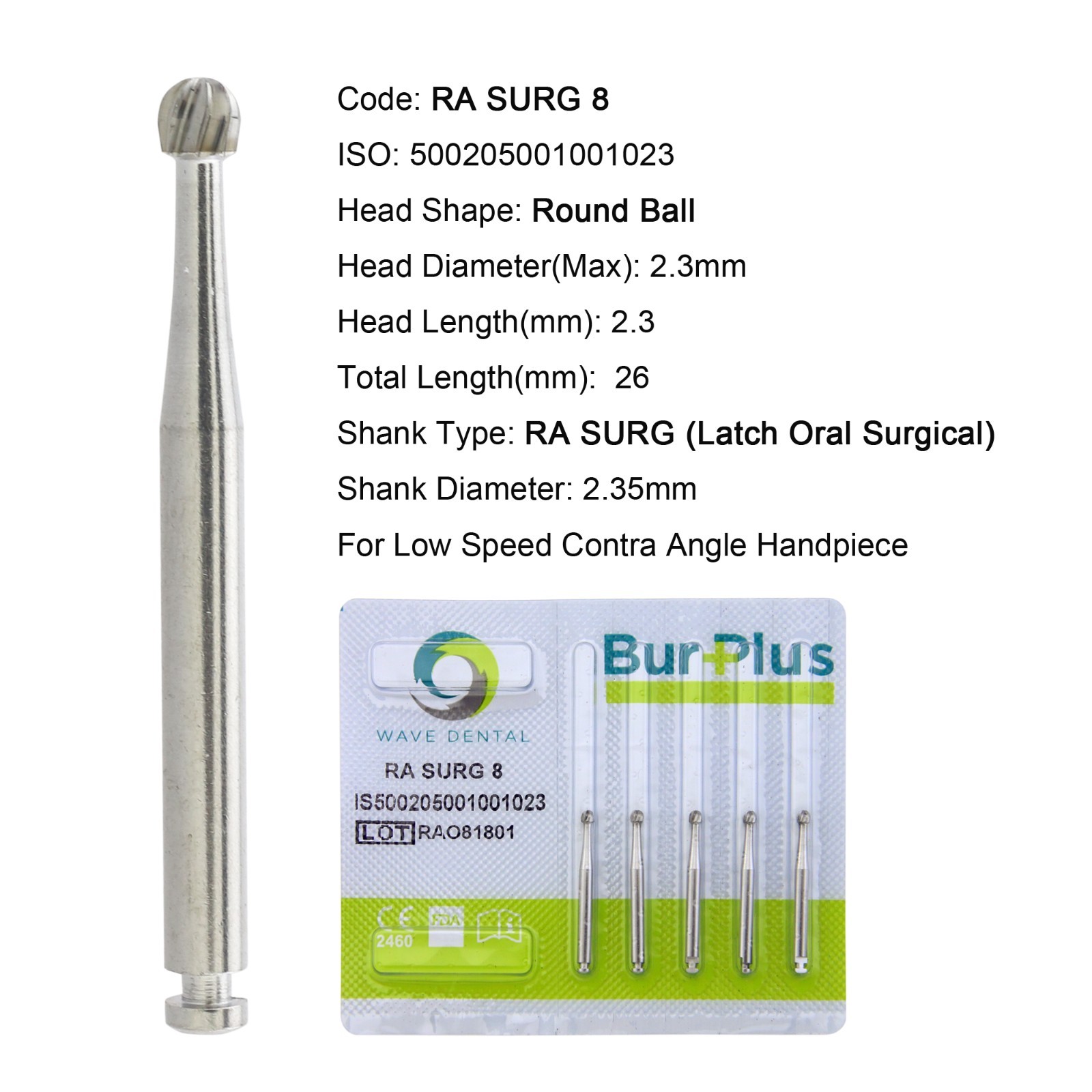 WAVE Dental Carbide Burs Latch Round Surgical 26mm RA SURG 22mm RA 4 2 5 6 8