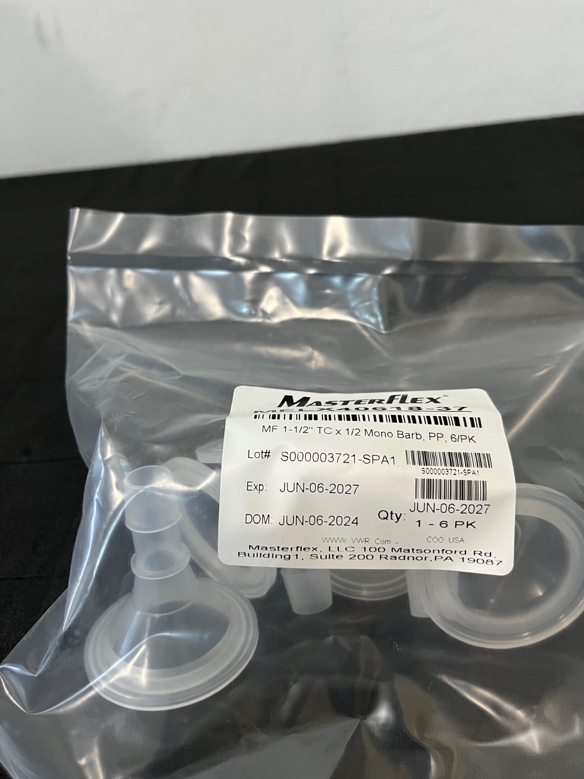 MasterFlex MFLX40618-37, MF 1-1/2″ TC x 1/2 Mono Barb, PP, 6/pk, Expires 06/2027