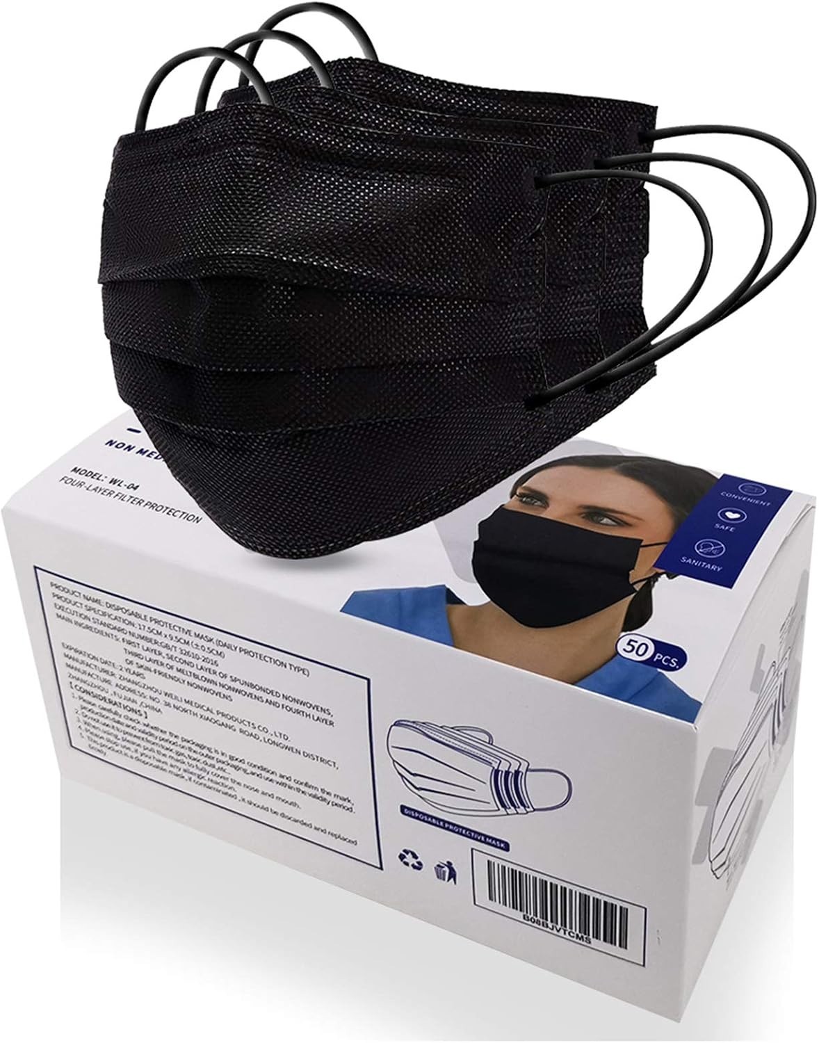 50 Pcs 4-Ply Black Disposable Face Masks – Comfortable & Reliable Protection