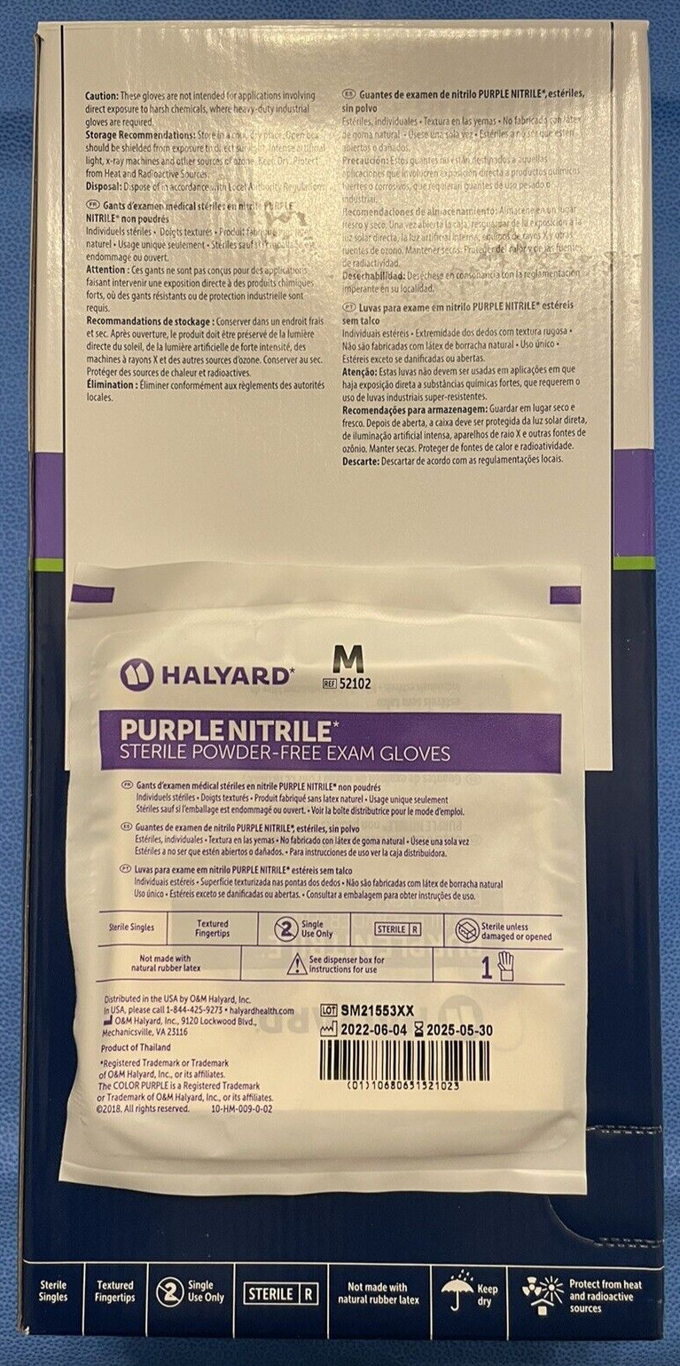 Halyard Purple Nitrile Sterile Exam Gloves Medium Box of 100 Singles #52102