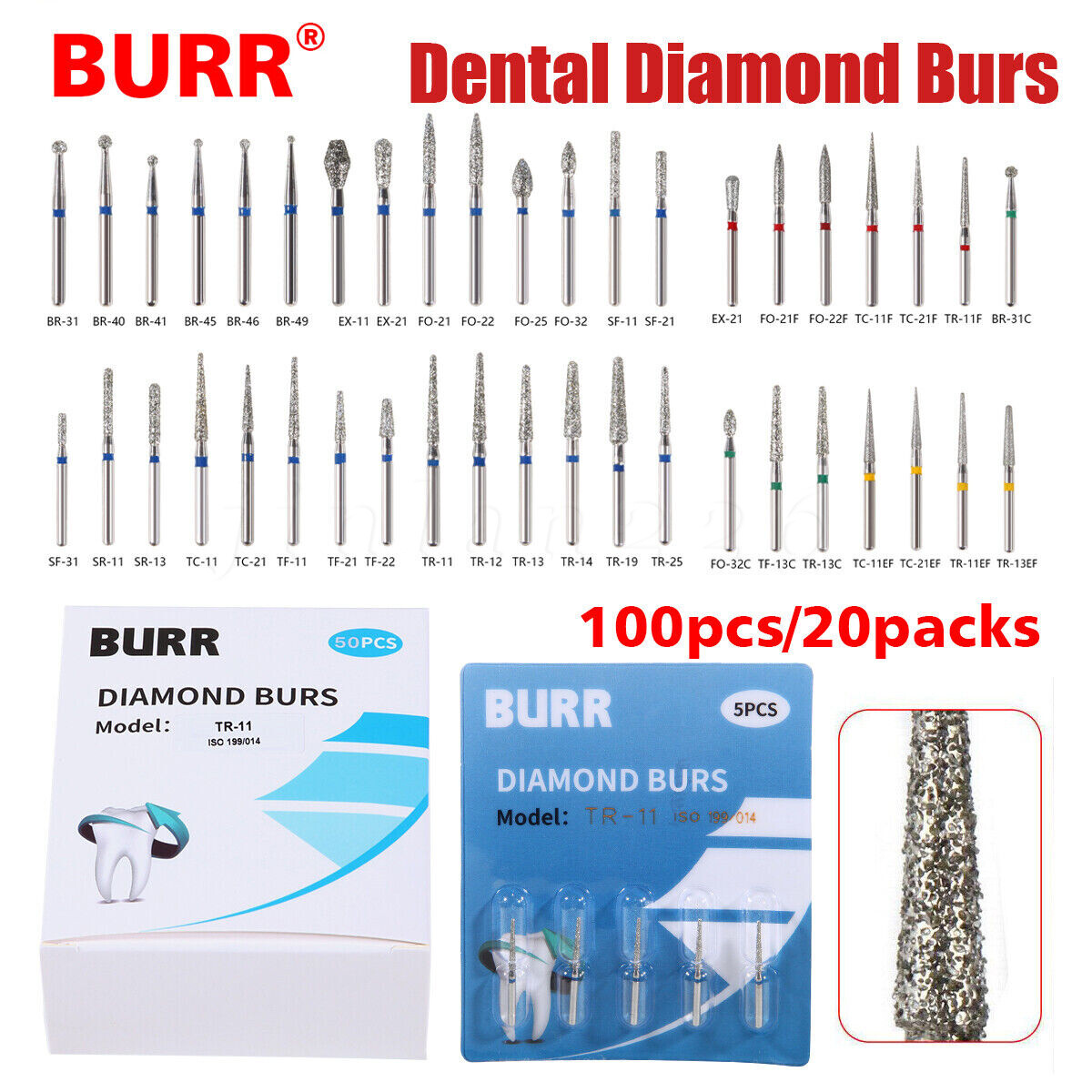 100 Types Dental FG Diamond Burs For High Speed Handpiece Friction Grip 50pcs