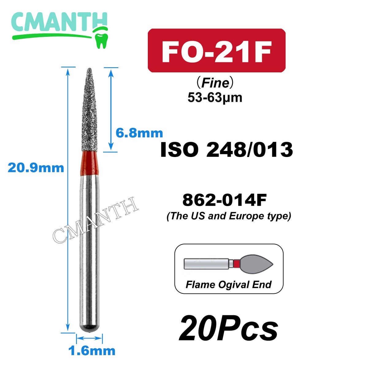 US Dental Burs FG High Speed Diamond Burs Dental Lab Polishing Tools 1.6mm 20pcs
