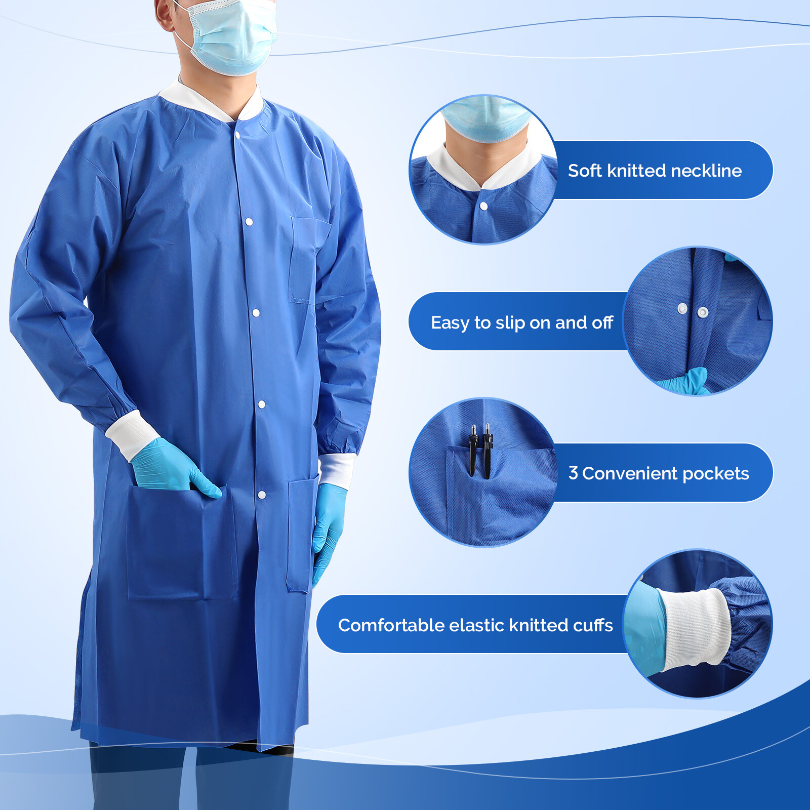 JMU Dental Disposable Lab Coat Gown 3 Pockets Blue Full Sleeve SMS Medical S-XL